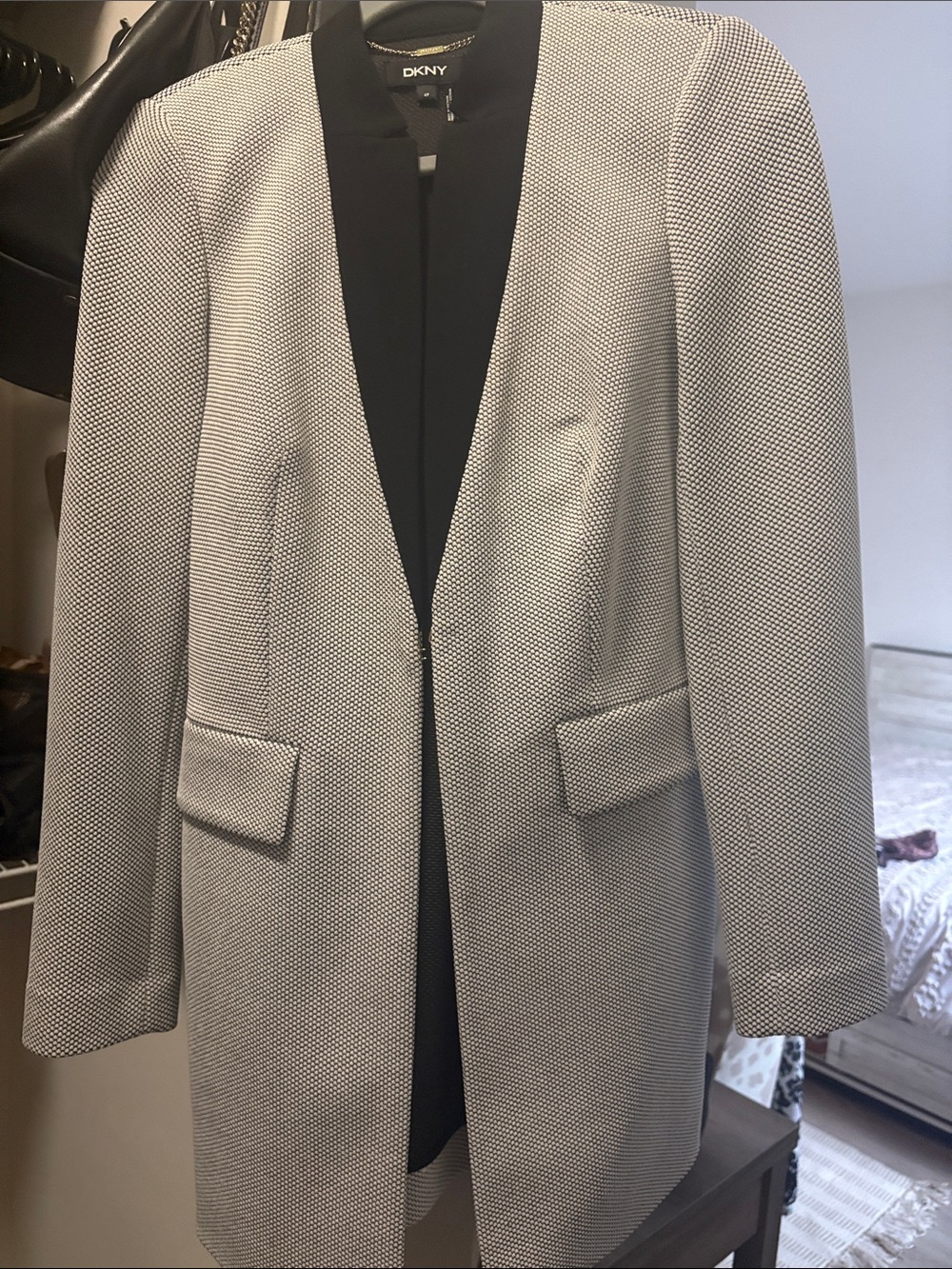 DKNY Two-Tone Long Textured Blazer in Light Gray with Black Trim